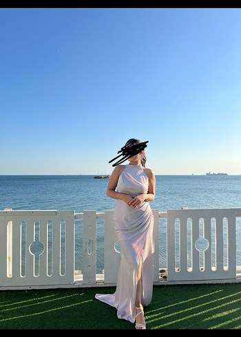 Pudra pembe simli yırtmaçlı abiye elbise - Görsel 2