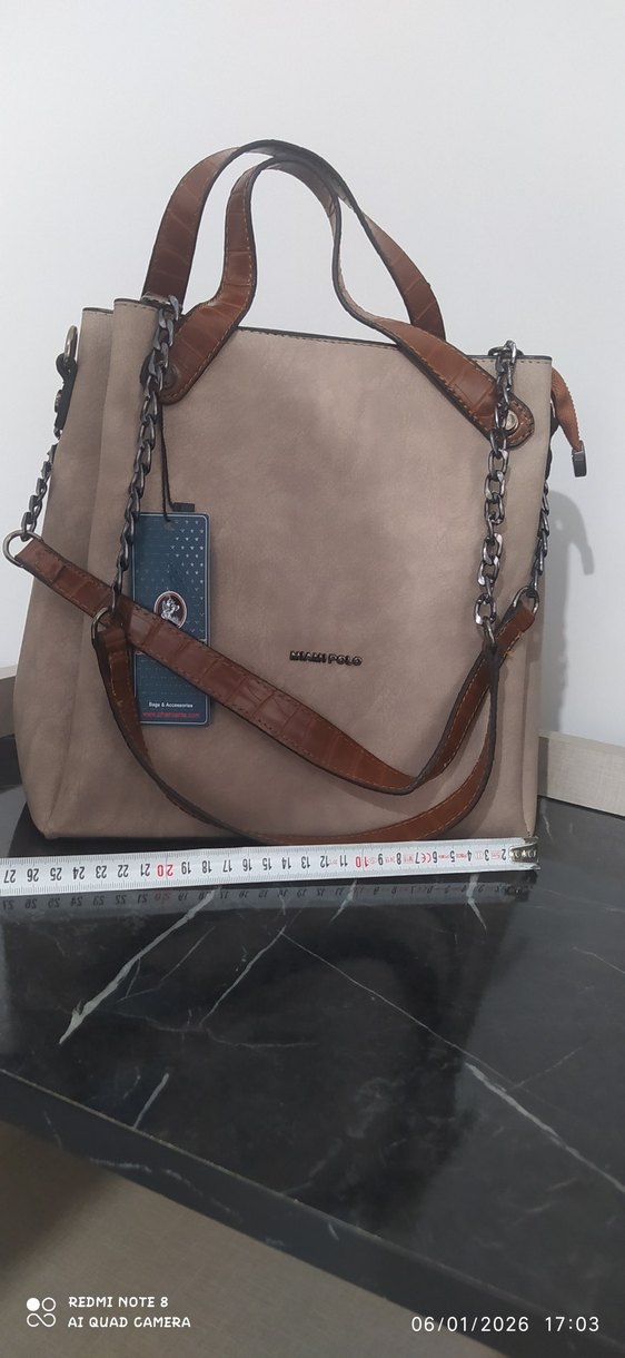 Bej deri Mat  Zincir Detaylı Kadın Çanta - Görsel 4