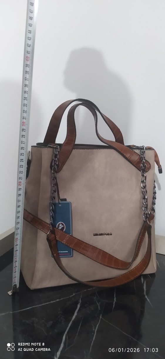 Bej deri Mat  Zincir Detaylı Kadın Çanta - Görsel 5