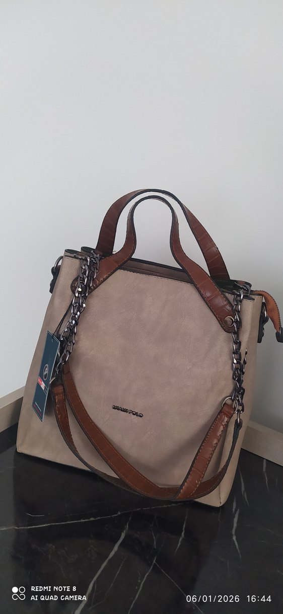 Bej deri Mat  Zincir Detaylı Kadın Çanta - Görsel 2