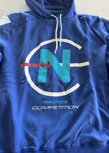 l Beden Nautica Mavi Kapüşonlu Baskılı ERKEK SWEATSHIRT L