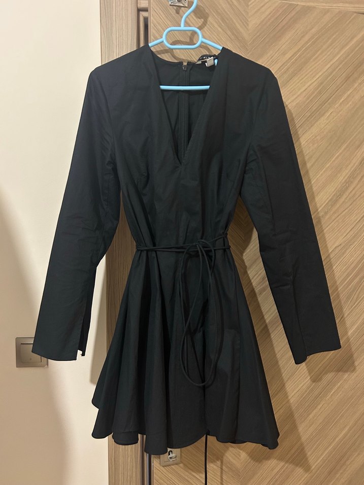 Siyah Midi V Yaka Kemerli Kadın Elbise - Görsel 4