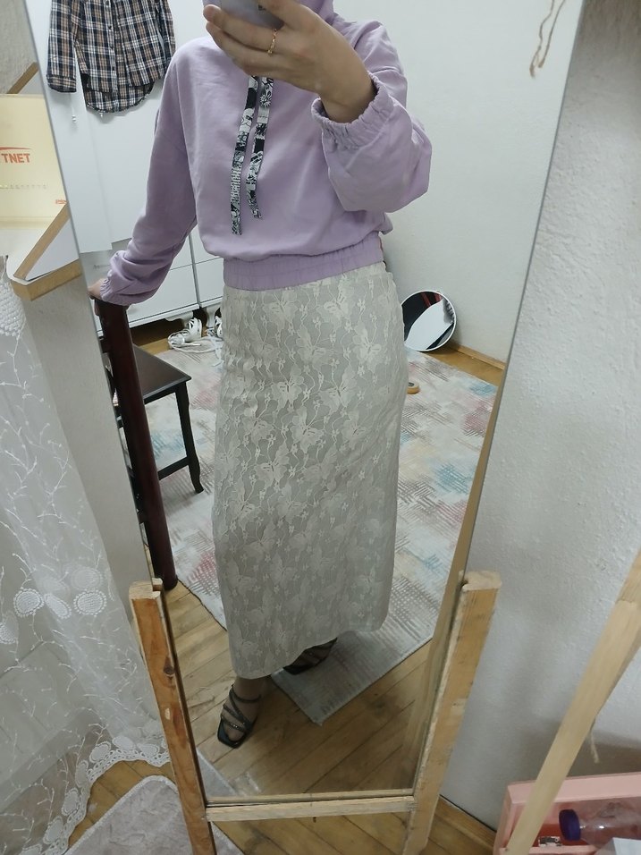 Bej Dantel Detaylı Triko Etek - Görsel 3