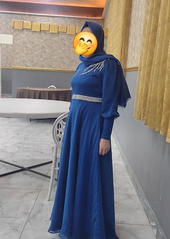 Abiye Parlak Mavi Uzun Kollu Uzun Abiye Elbise