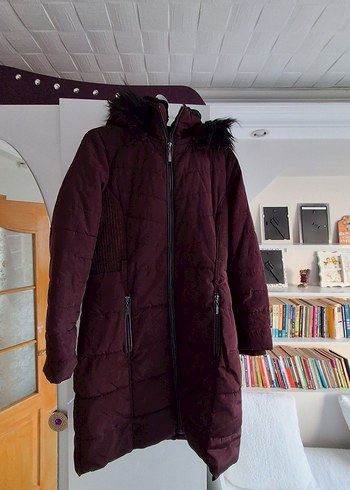 Bordo Kürk Detaylı Uzun Kışlık Kadın Mont - Görsel 3