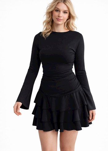 Eteği volanlı uzun Kollu siyah Mini Elbise - Görsel 3