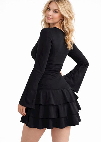 Eteği volanlı uzun Kollu siyah Mini Elbise - Görsel 2