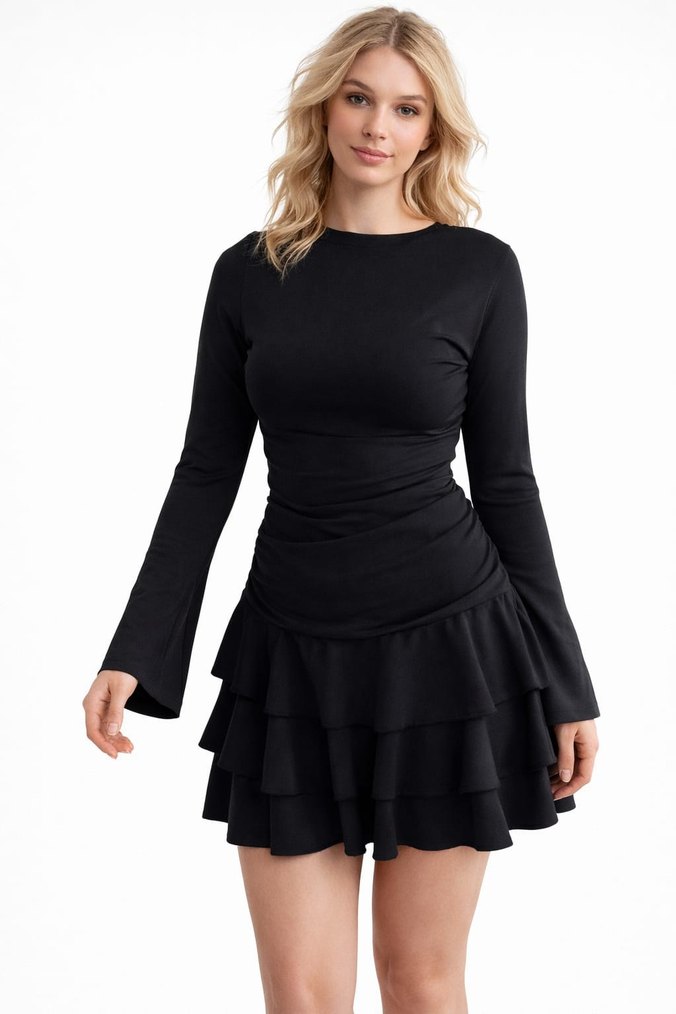 Eteği volanlı uzun Kollu siyah Mini Elbise - Görsel 3