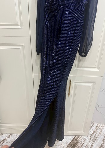 Boncuk İşlemeli Lacivert Uzun Abiye Elbise - Görsel 4