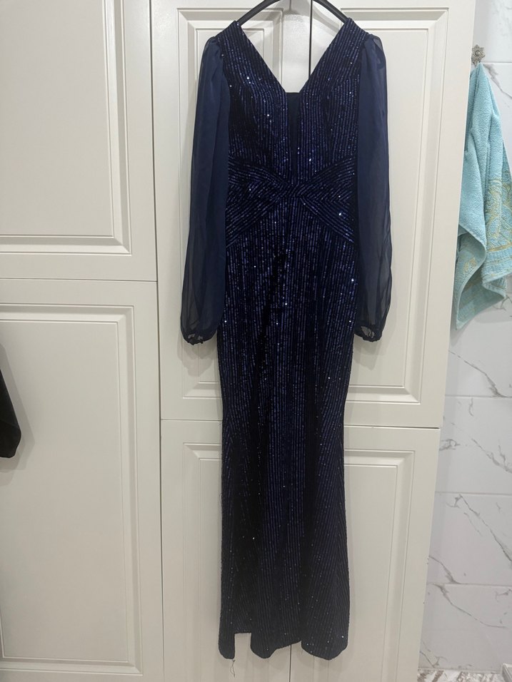 Boncuk İşlemeli Lacivert Uzun Abiye Elbise - Görsel 3