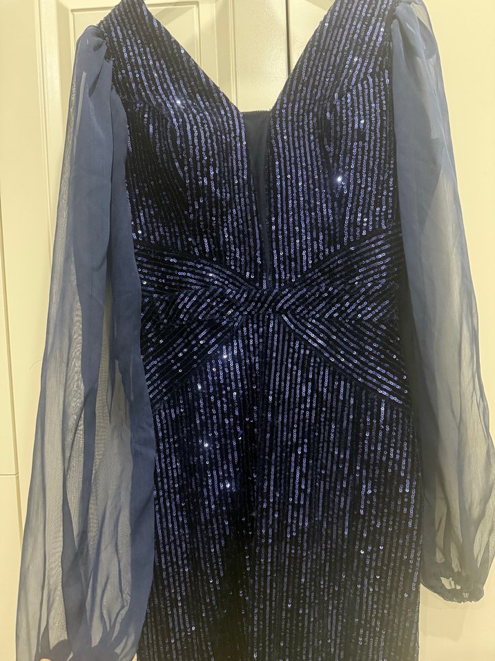 Boncuk İşlemeli Lacivert Uzun Abiye Elbise - Görsel 2