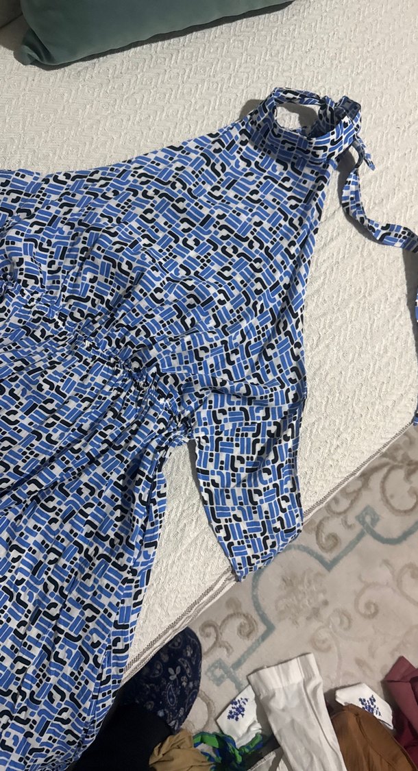 Mavi Bağcıklı Bohem Mini elbise - Görsel 4