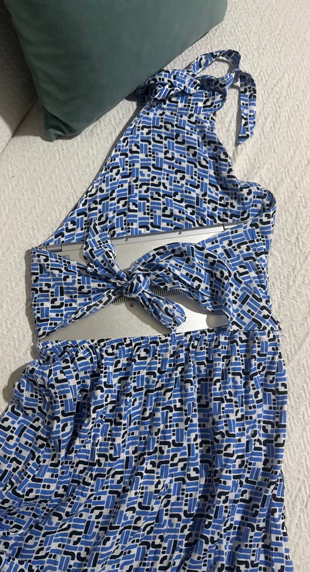 Mavi Bağcıklı Bohem Mini elbise - Görsel 5