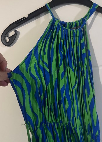 Yeşil Pilili Uzun Bohem halter yaka Elbise - Görsel 2