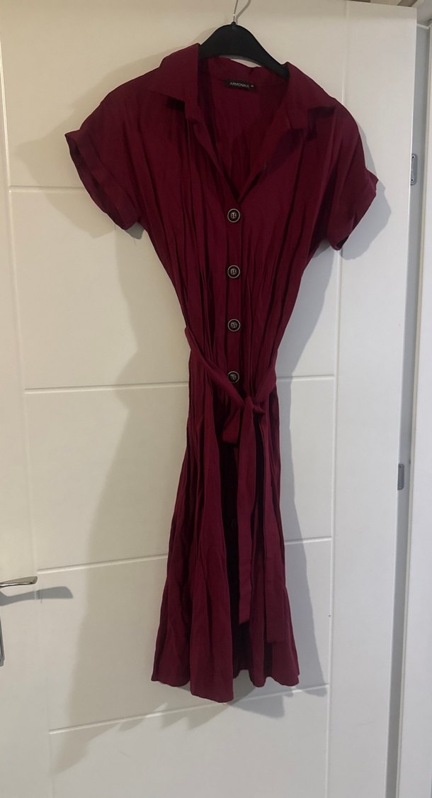 Bordo Düğmeli gömlek Elbise - Görsel 2