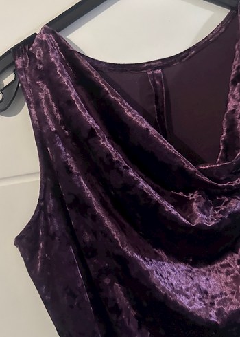 Mor Drapeli Midi Gotik kadife Abiye Elbise - Görsel 3