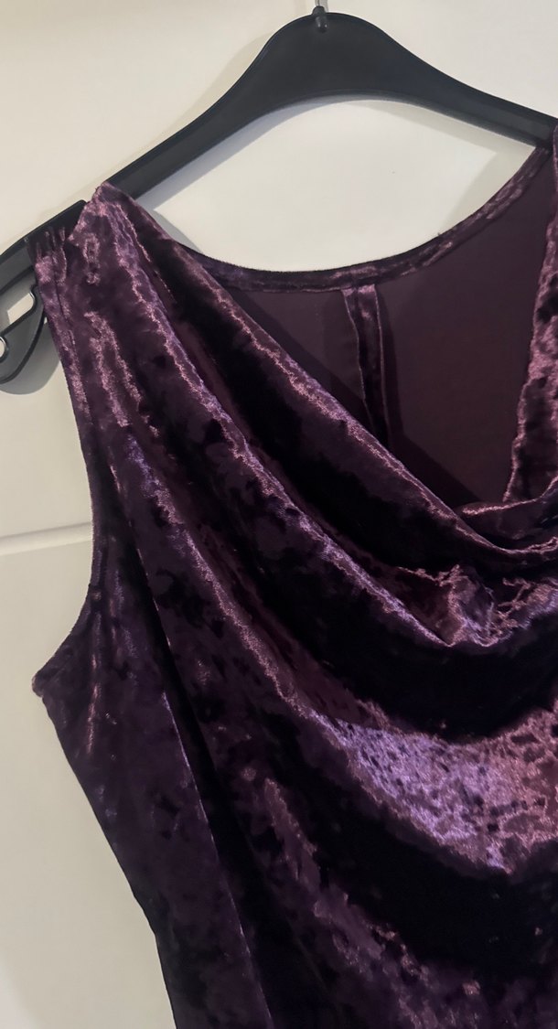 Mor Drapeli Midi Gotik kadife Abiye Elbise - Görsel 3
