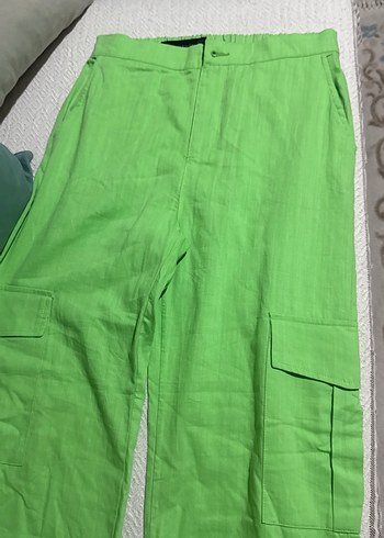 Yeşil Keten bol kesim Kadın Pantolon - Görsel 2