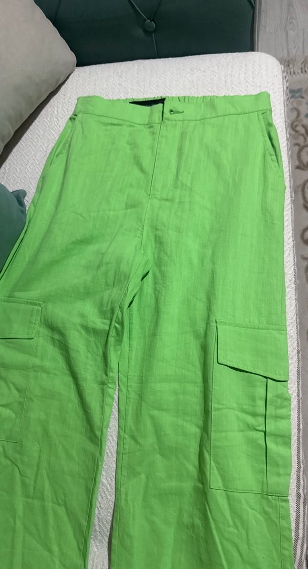 Yeşil Keten bol kesim Kadın Pantolon - Görsel 2