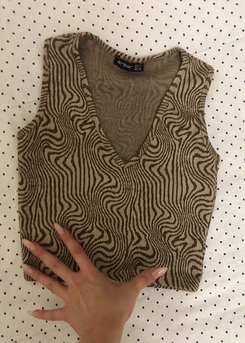 Diğer Kahverengi Zebra Desenli Kolsuz Örgü mini Süveter