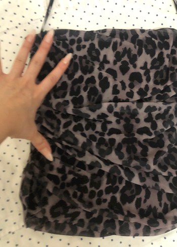 xs Beden Drapeli Leopar Desenli Straplez Midi Büstiyer