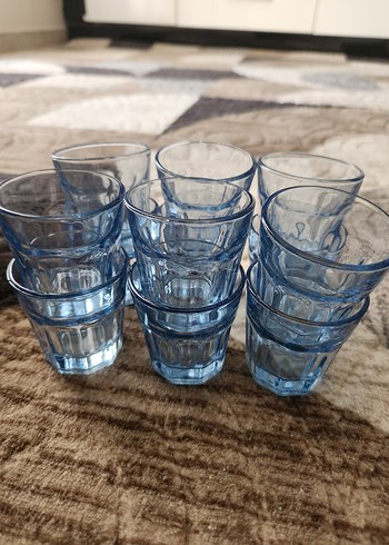 Beden Mavi Cam Bardak Seti ve Desenli Tabak