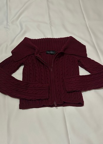 Bordo Örgü Tam Fermuarlı Kadın Kazak - Görsel 5