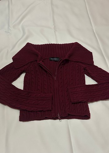 Bordo Örgü Tam Fermuarlı Kadın Kazak - Görsel 4