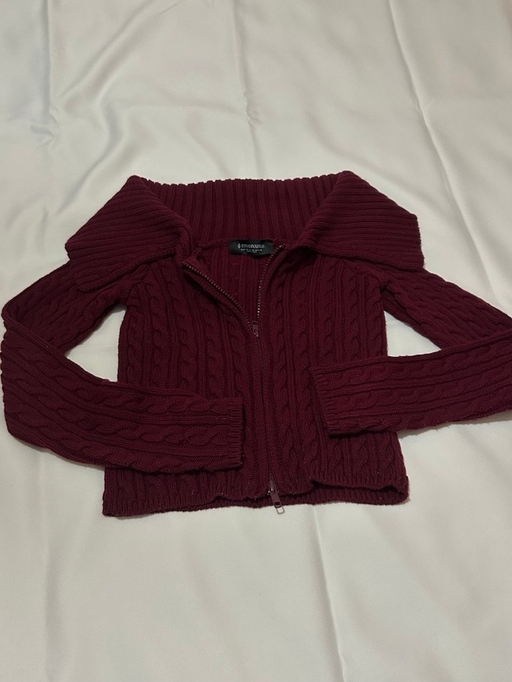 Bordo Örgü Tam Fermuarlı Kadın Kazak - Görsel 5