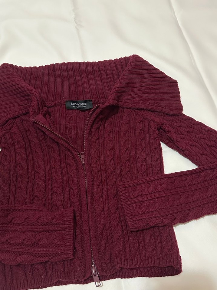 Bordo Örgü Tam Fermuarlı Kadın Kazak - Görsel 2