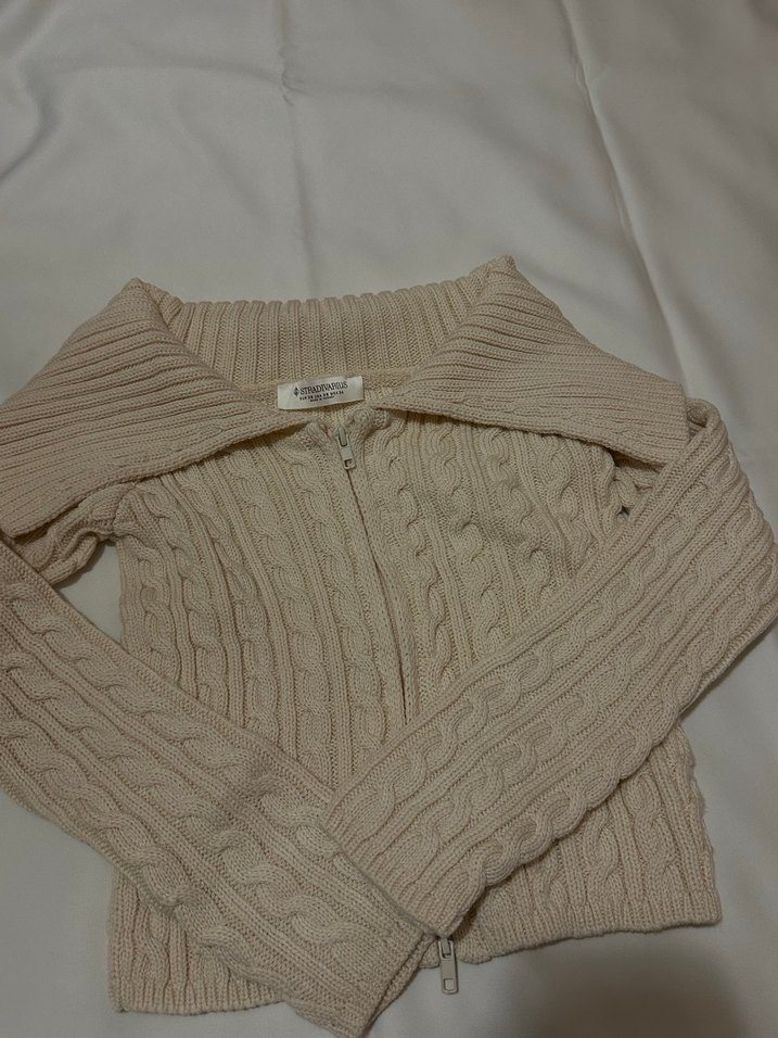 Bej Tam Fermuarlı Örgü Kadın Kazak - Görsel 3