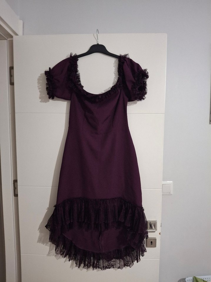 Mor V Yaka Fırfırlı Midi Elbise - Görsel 5