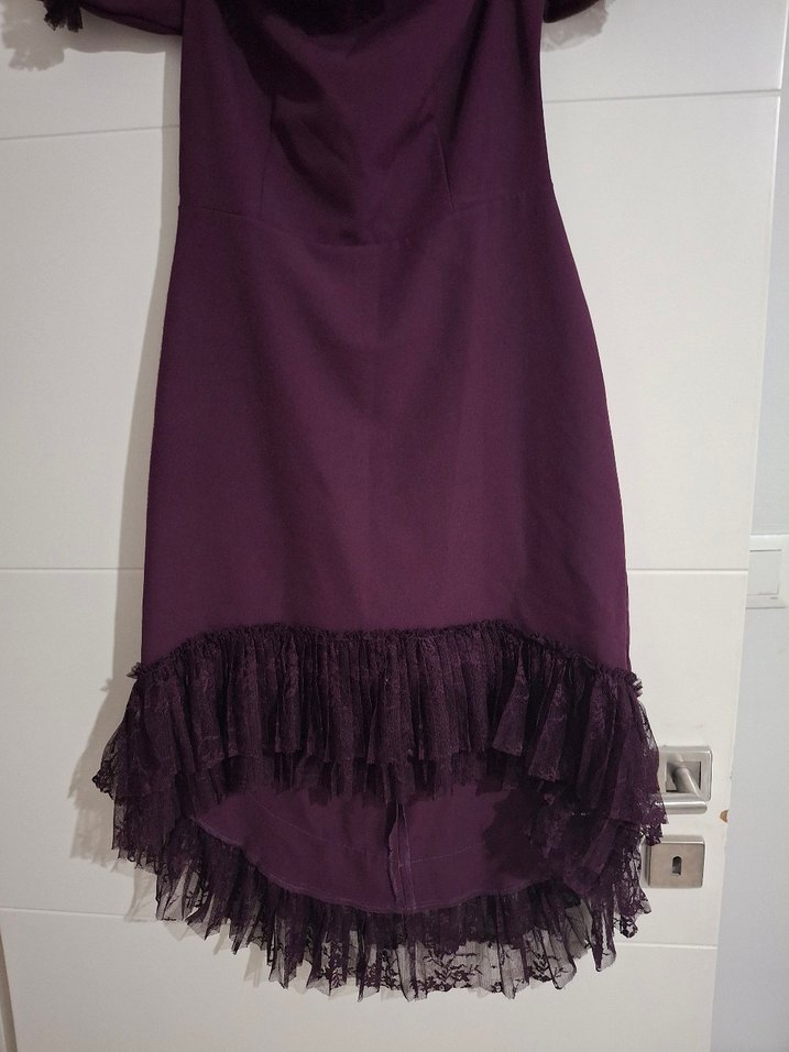 Mor V Yaka Fırfırlı Midi Elbise - Görsel 4