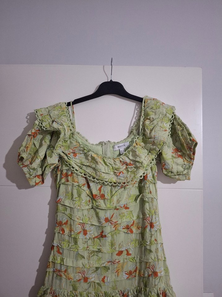 Yeşil Mini Bohem Volanlı Elbise - Görsel 4