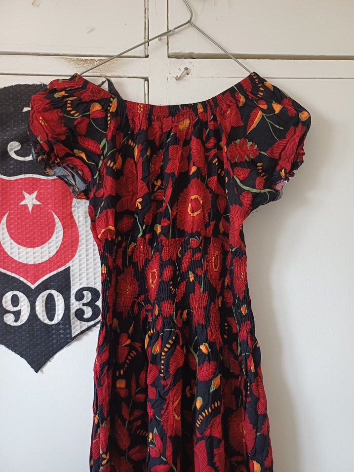 Kırmızı Desenli Uzun Bohem Elbise - Görsel 3