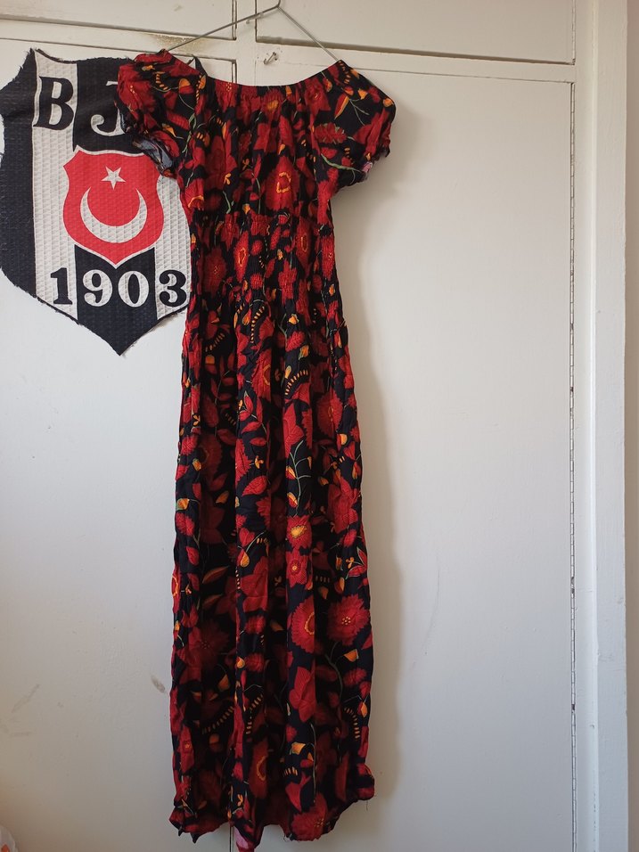 Kırmızı Desenli Uzun Bohem Elbise - Görsel 4