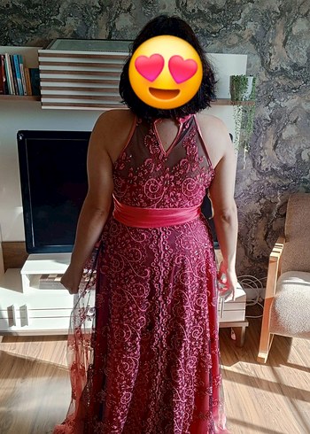 Dantel Detaylı Uzun Pembe Straplez Abiye Elbise - Görsel 2