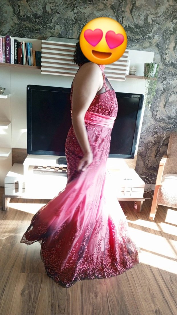 Dantel Detaylı Uzun Pembe Straplez Abiye Elbise - Görsel 3