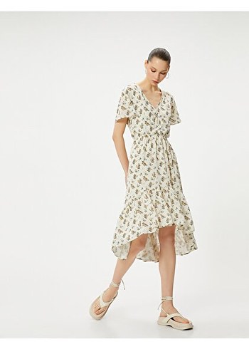 koton Beyaz yeşil çiçekli V Yaka Elbise - Görsel 3