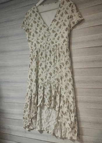 koton Beyaz yeşil çiçekli V Yaka Elbise - Görsel 5