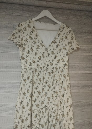 koton Beyaz yeşil çiçekli V Yaka Elbise - Görsel 6