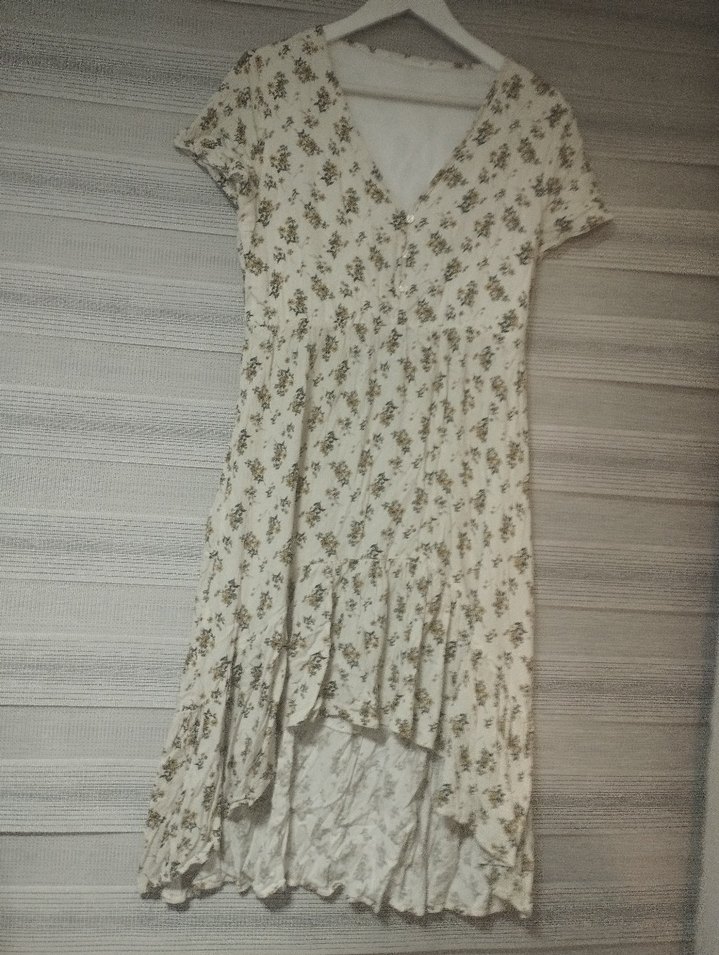 koton Beyaz yeşil çiçekli V Yaka Elbise - Görsel 4