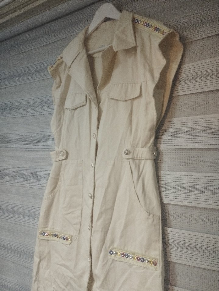 Bej Keten yelek yada kısa Elbise - Görsel 3