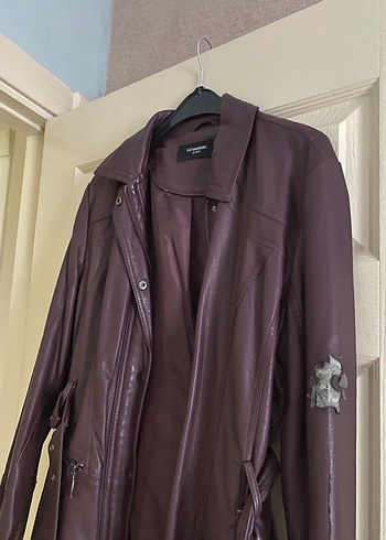 Bordo Uzun Deri Kadın Ceket - Görsel 4