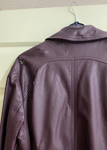 Bordo Uzun Deri Kadın Ceket - Görsel 3