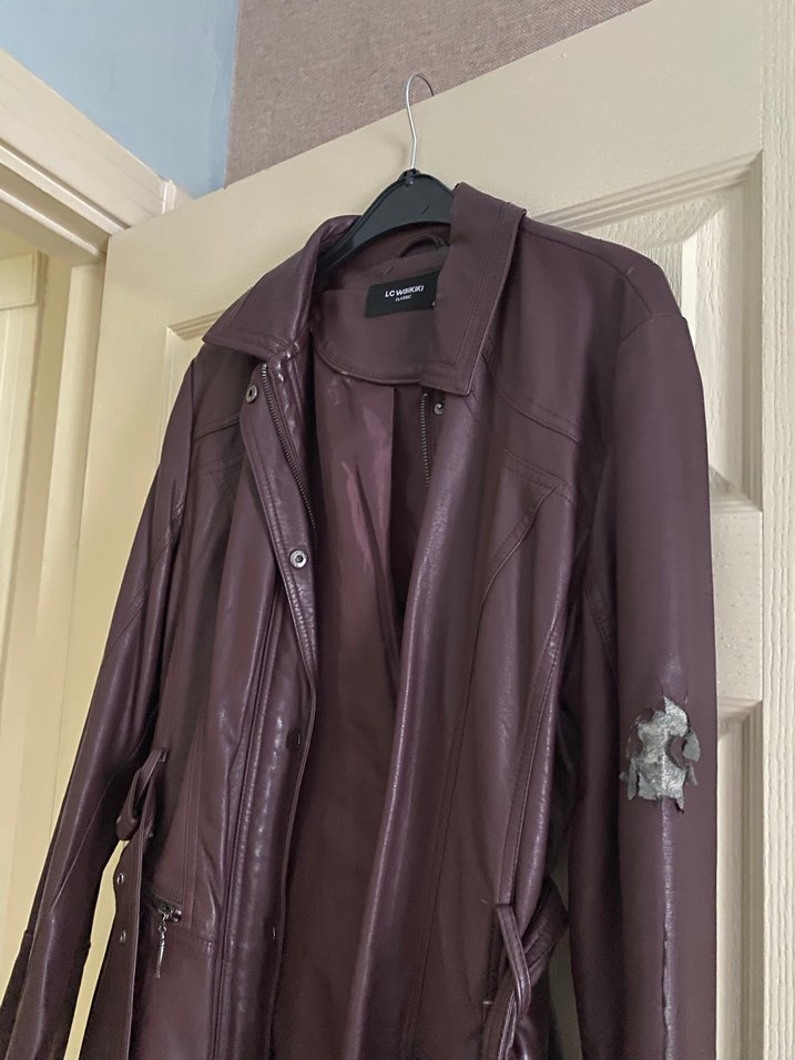 Bordo Uzun Deri Kadın Ceket - Görsel 4