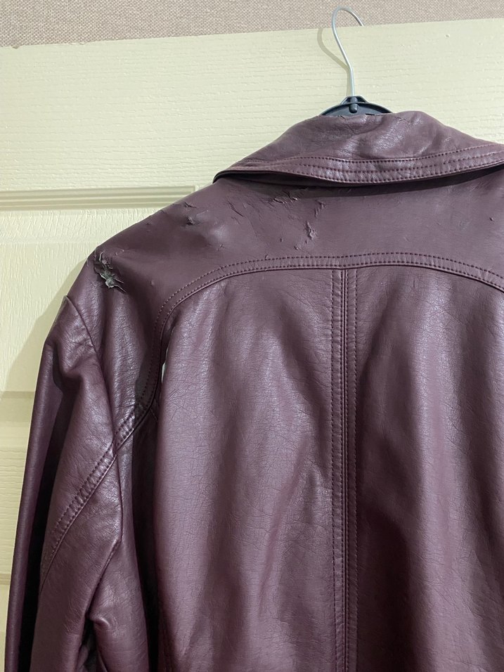 Bordo Uzun Deri Kadın Ceket - Görsel 3