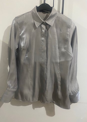 Gri Saten Düğmeli Kadın Gömlek - Görsel 6