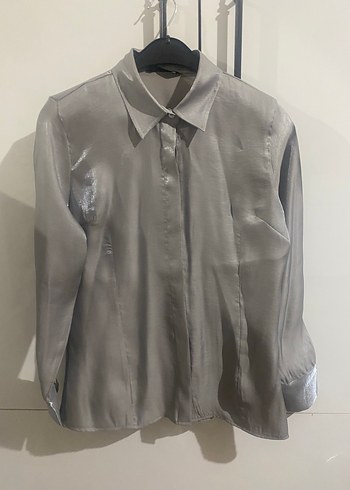 Gri Saten Düğmeli Kadın Gömlek - Görsel 4