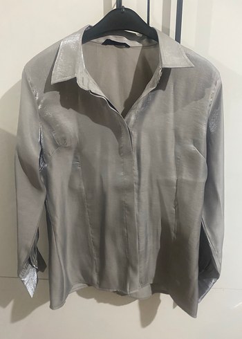 Gri Saten Düğmeli Kadın Gömlek - Görsel 12